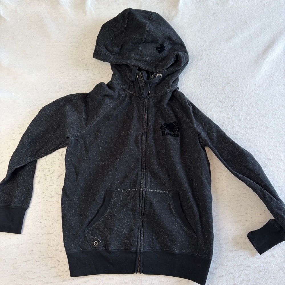 Roots Full Zip Hoodie Womens Large Black Salt and Pepper Speckled Fleece